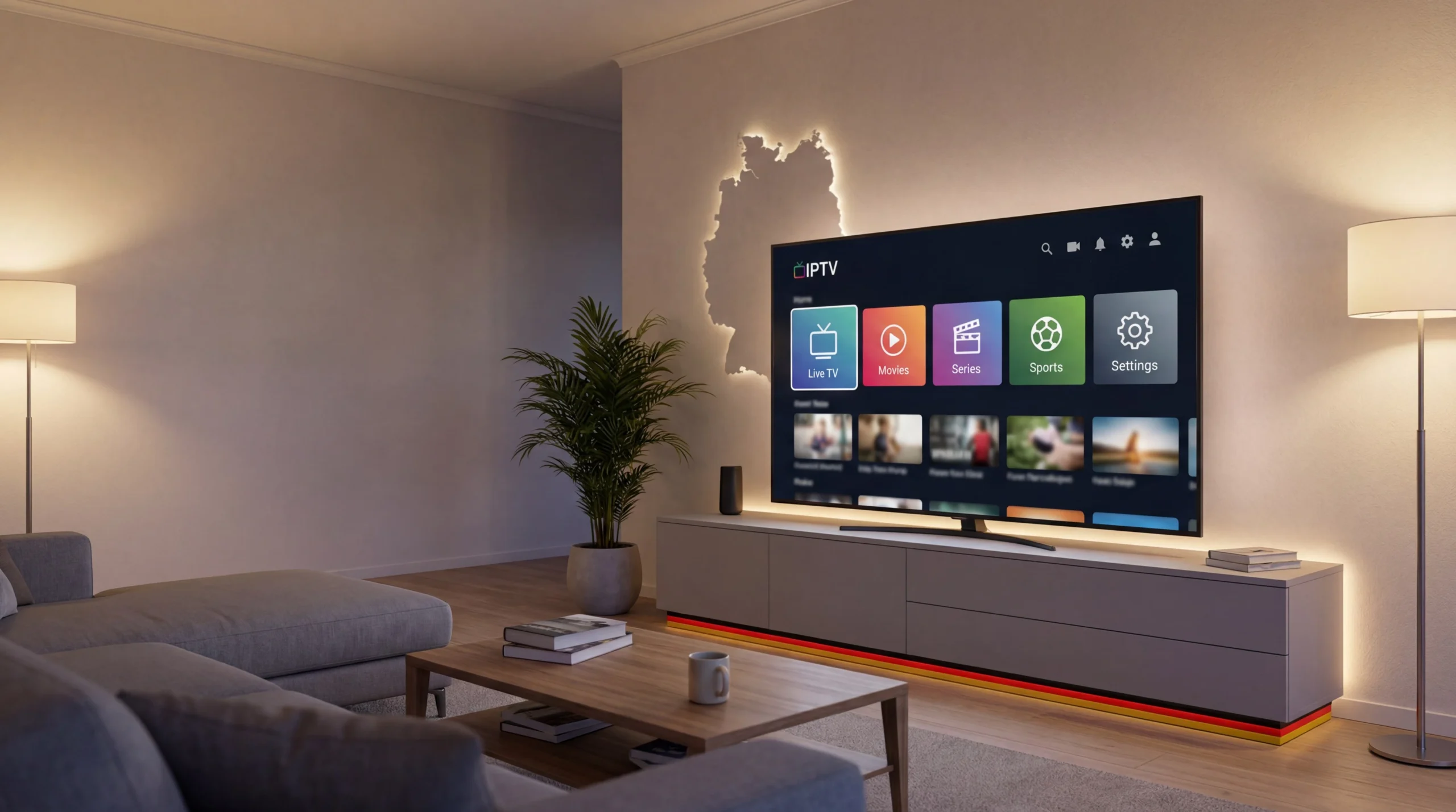 IPTV Germany setup on a smart TV showing modern IPTV streaming interface in Germany
